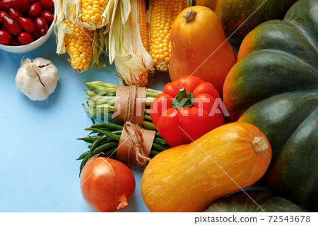 Beautiful assortment of colorful vegetables on blue background Beautiful assortment of colorful vegetables on blue background 72543678