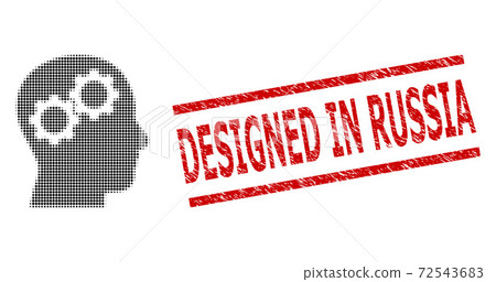 Textured Designed in Russia Seal and Halftone Dotted Brain Gears Textured Designed in Russia Seal and Halftone Dotted Brain Gears 72543683