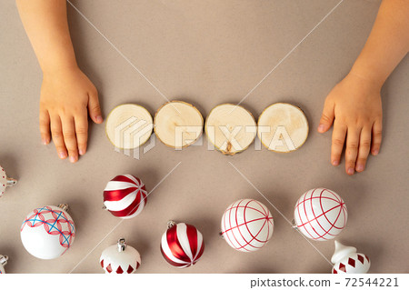 Red and white Christmas balls top view, New Year concept 72544221