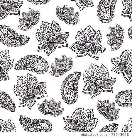 Black and white seamless psychedelic pattern with floral and paisley elements. Black and white seamless psychedelic pattern with floral and paisley elements. 72545638