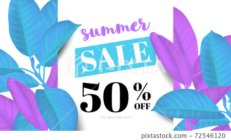 Botanical summer sale banner template design, Ficus Elastica / rubber plant, blue and purple tones 72546120