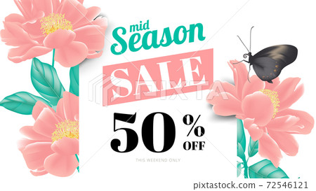 Botanical mid season sale banner template design, butterfly and pink paenia lactiflora with leaves Botanical mid season sale banner template design, butterfly and pink paenia lactiflora with leaves 72546121