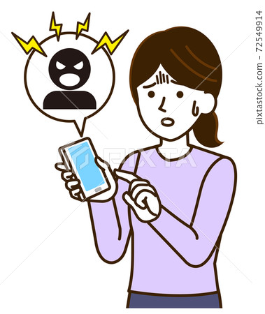 Illustration of a woman who operates a smartphone and is scared of being threatened 72549914