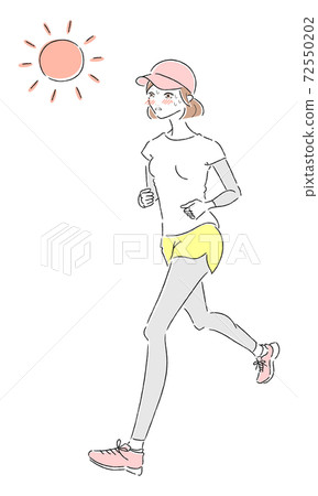 一少婦跑步的例證。一個女人跑來跑去，流汗。 72550202