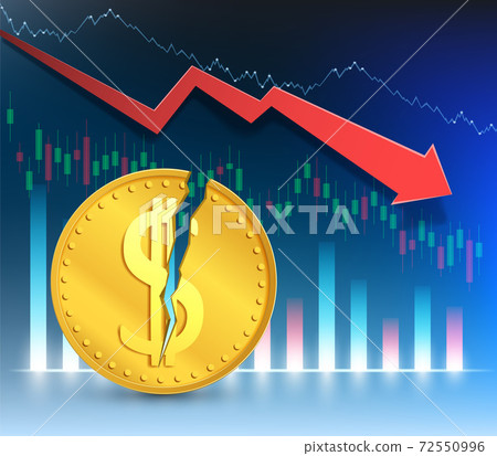 Dollar coin with a crack. Economic crisis and recession. 72550996