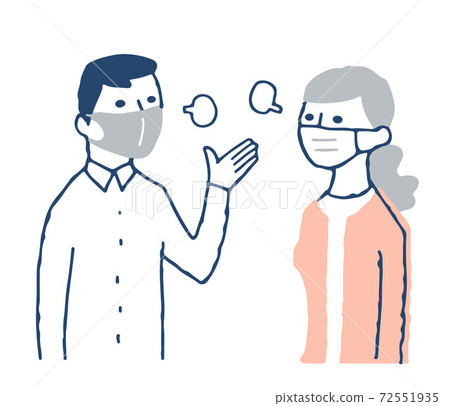 Men and women wearing masks and having a modest conversation 72551935