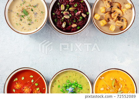 Vegan soup background with various cream soups and a place for text Vegan soup background with various cream soups and a place for text 72552089