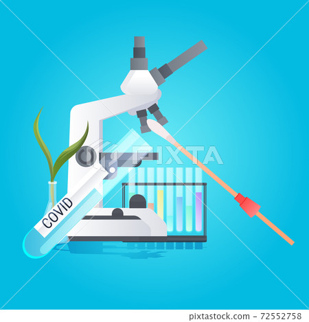 microscope with flasks and nasal swab covid-19 test vaccination immunization anti coronavirus disease concept 72552758