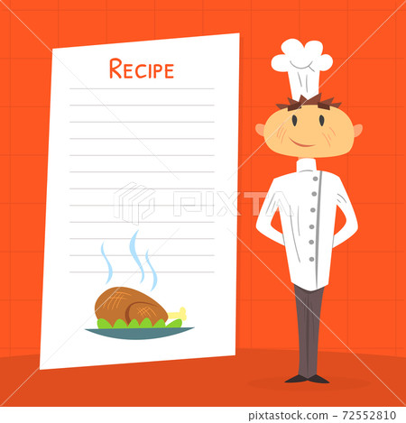 Funny Chef Cook Character Holding Blank Recipe, Book of Recipes Page Cartoon Vector Illustration 72552810