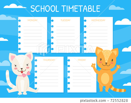 School Timetable Template, Kids Schedule with Funny Pet Animals, Weekly Planner Cartoon Vector Illustration School Timetable Template, Kids Schedule with Funny Pet Animals, Weekly Planner Cartoon Vector Illustration 72552828