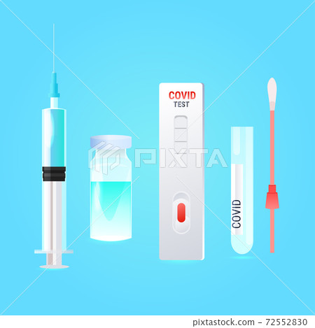 set syringe with covid-19 vaccine bottle swab nasal test and rapid cassette fight against coronavirus pandemic concept 72552830