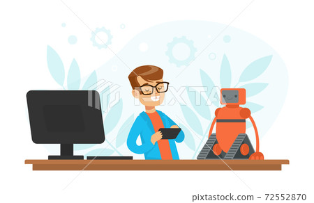 Cheerful Boy Programming Smart Robot at Lesson, Electronics Education, High Tech Engineering Cartoon Style Vector Illustration 72552870