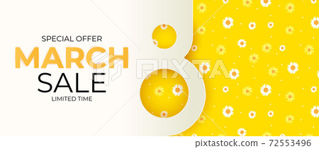 8 March sale banner with Background Design. Template for advertising, web, social media and fashion ads. Poster, flyer, greeting card, header for website Vector Illustration. EPS10 72553496