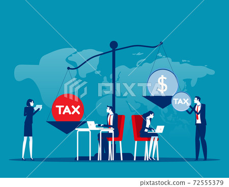 Business people put heavy tax and money weight on huge scale. Financial bankruptcy. Business taxation concept 72555379