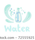 Water plastic bottle. Bottled water. Plastic container. Beverage plastic, glass packaging, cold water storage. Flat doodle bottle illustration with splashes. Isolated clipart vector icon with a title 72555925