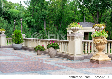 the back yard of a residential building with flowerpots on the walkway and on the railing pedestals with balustrades, stone flowerpots with flowers and green trees in the background. the back yard of a residential building with flowerpots on the walkway and on the railing pedestals with balustrades, stone flowerpots with flowers and green trees in the background. 72556504