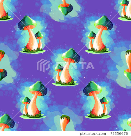 Seamless background with mushrooms. Beautiful colored solitary mushrooms on a lilac background. 72556676