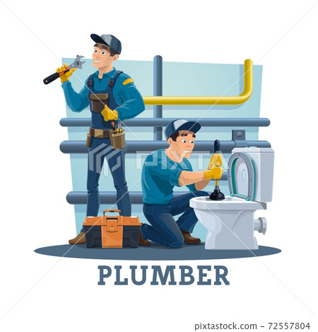 Plumbing service workers unclogging toilet vector 72557804