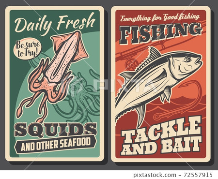 Fresh seafood, fisher tackle store vector poster Fresh seafood, fisher tackle store vector poster 72557915