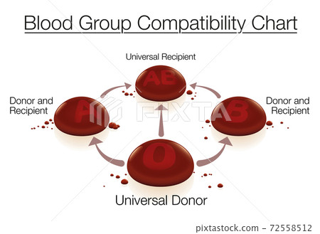 Blood group compatibility chart with universal donor 0 and universal recipient AB - concerning blood donation and transfusion, depicted with arrows and labeled 3d drops. 72558512
