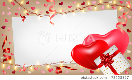 Valentines day background with pink and red hearts, shining garlands, gifts box, tinsel. Cute romantic composition for greeting card, flyer, banner, wedding invitation 72558537
