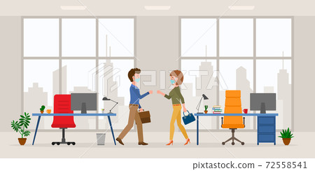 Coronavirus prevention cartoon character male and female bumping fists, saying hello in modern office room vector set. Safe handshake, keep distance, wear mask at workplace on cityscape silhouette 72558541