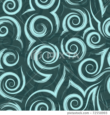 Seamless vector pattern of spirals of smooth lines and corners of turquoise color on a green background.Texture of waves and curls. Seamless vector pattern of spirals of smooth lines and corners of turquoise color on a green background.Texture of waves and curls. 72558993