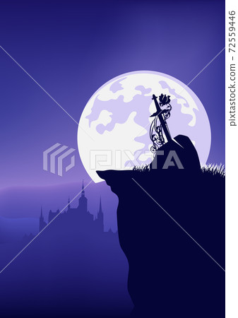 fairy tale night scene with excalibur sword and castle vector silhouette 72559446