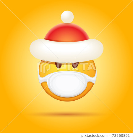 Vector Emoji sticker with mouth medical protection mask and santa claus red hat isolated on orange background. Yellow santa smile face character with Christmas hat and white surgeon mask. 72560891