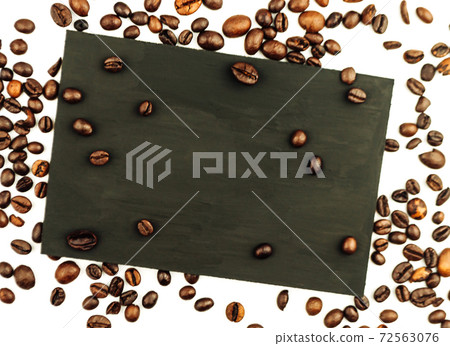 rectangular board with place for text and with coffee beans on white isolated background. Mockup for advertising, place for text, top view rectangular board with place for text and with coffee beans on white isolated background. Mockup for advertising, place for text, top view 72563076