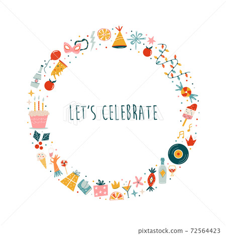 Lets celebrate abstract circle design with holiday symbols Lets celebrate abstract circle design with holiday symbols 72564423