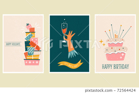 Set of three holiday vintage cards in a flat style. 72564424