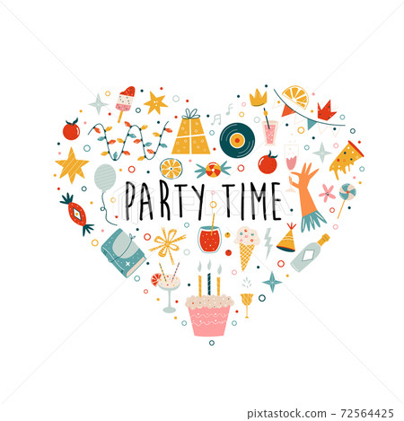 Lets celebrate abstract heart shaped design with holiday symbols Lets celebrate abstract heart shaped design with holiday symbols 72564425