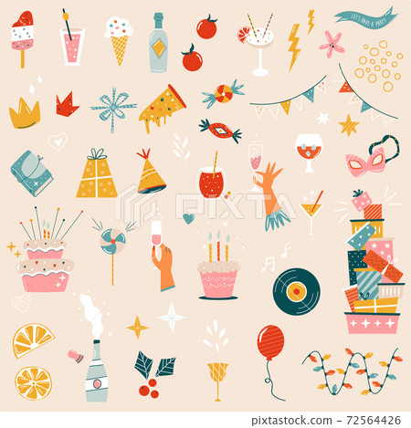 Big set with colorful symbols, icons. Holiday bundle with festive elements. Big set with colorful symbols, icons. Holiday bundle with festive elements. 72564426