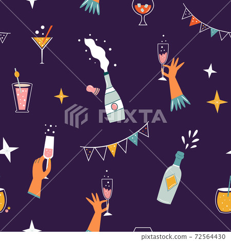 Festive seamless pattern with alcohol drinks and holiday decorations Festive seamless pattern with alcohol drinks and holiday decorations 72564430
