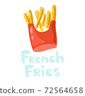 French fries kawaii vector icon in flat style. French fries in a paper wrapper box. American fast food. Roasted potato chips, heap of fried greasy potato sticks for poster, banner, menu template. 72564658