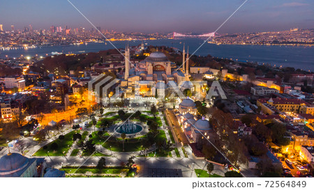 Turkey's largest city at dawn. Aerial view of Hagia Sophia mosque and view of Istanbul 72564849