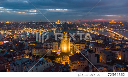 Turkey's largest city at dawn. Aerial view of Galata tower in Istanbul, Turkie. European part of the city. 72564862