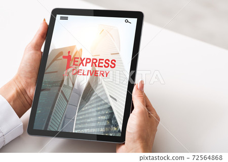 Express Delivery App Interface Opened On Digital Tablet In Female Hands, Collage Express Delivery App Interface Opened On Digital Tablet In Female Hands, Collage 72564868