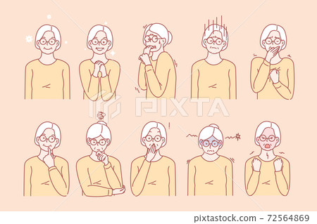 Old age womans emotions and facial expressions Old age womans emotions and facial expressions 72564869