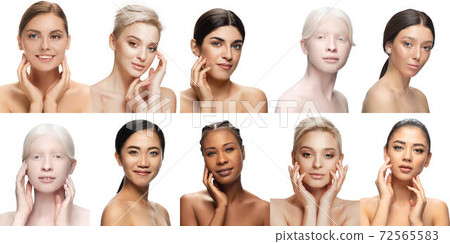Multi-ethnic beauty. Different ethnicity and beautiful women with heterochromia isolated on white background 72565583