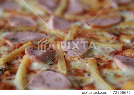 pizza with sausages, cucumber, pepper, cheese, onion isolated on white wooden background. Advert for social network of restaurants, caffee. Promotion for pizzeria. 72566675