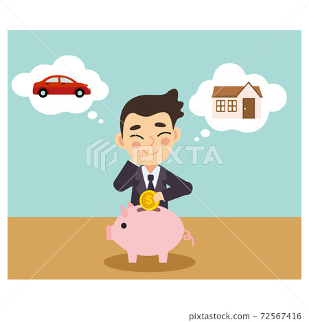 Happy businessman saving money in piggy bank for house and car, dreaming/thinking about house and car. Business concept cartoon character vector. 72567416
