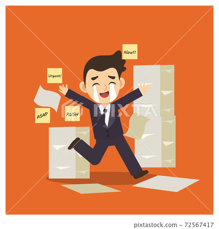 Business concept cartoon character flat vector 'Office worker /businessman with too much work to do. Many notes in the background' running and crying At the same time. Business concept cartoon character flat vector 'Office worker /businessman with too much work to do. Many notes in the background' running and crying At the same time. 72567417