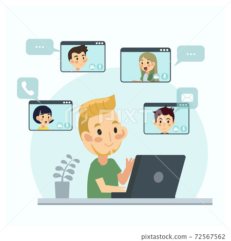 Video conferencing at home, having video call meeting with clients at home. Work from home idea.online meeting.Vector Video conferencing at home, having video call meeting with clients at home. Work from home idea.online meeting.Vector 72567562