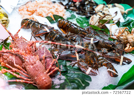 Different sorts of fish, crayfishes, crabs, molluscs, arthropods at fish market Different sorts of fish, crayfishes, crabs, molluscs, arthropods at fish market 72567722