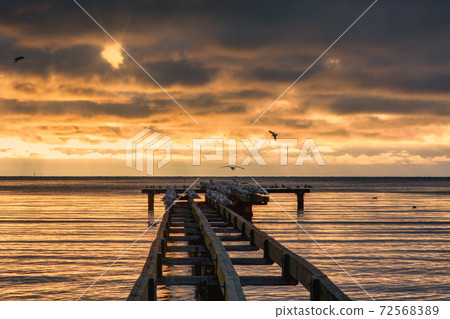 A beautiful golden sunset over an old boardwalk. Photo from Hallevik, Blekinge, Sweden 72568389