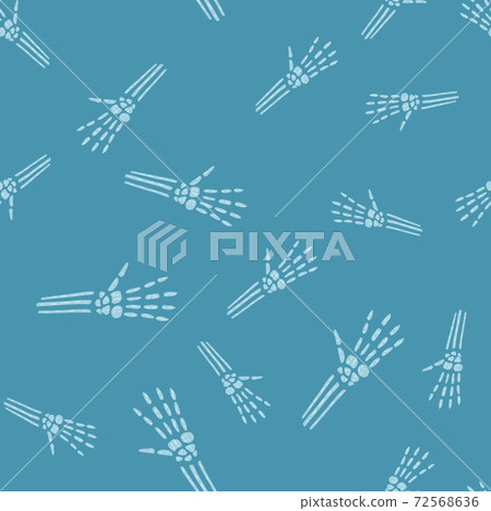 Random seamless doodle pattern with white outline bones hands elements. Blue background. 72568636