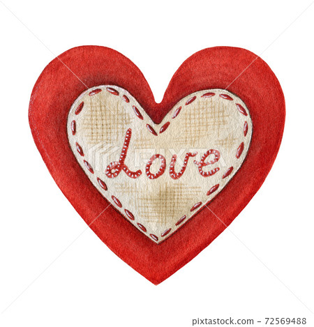 Vintage style red heart with stitched sign. Hand drawn retro style decorative element watercolor illustration. Red romantic heart with stitches for Valentine day and weddings on white background Vintage style red heart with stitched sign. Hand drawn retro style decorative element watercolor illustration. Red romantic heart with stitches for Valentine day and weddings on white background 72569488