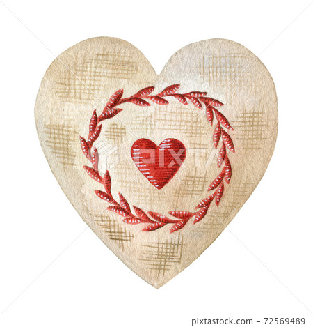 Vintage style heart with stitched red leaves. Hand drawn retro textile decorative element watercolor illustration. Romantic embroidery heart image for Valentine day and weddings on white background Vintage style heart with stitched red leaves. Hand drawn retro textile decorative element watercolor illustration. Romantic embroidery heart image for Valentine day and weddings on white background 72569489